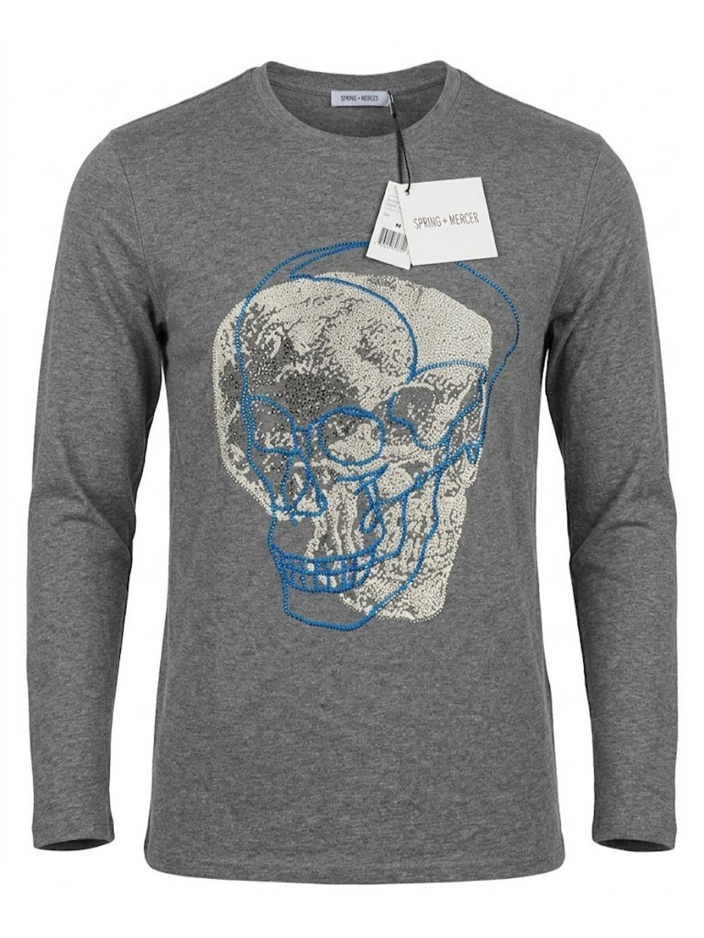 Spring + Mercer Women’s Long Sleeve Gray T-Shirt with Rhinestone Skull Design M